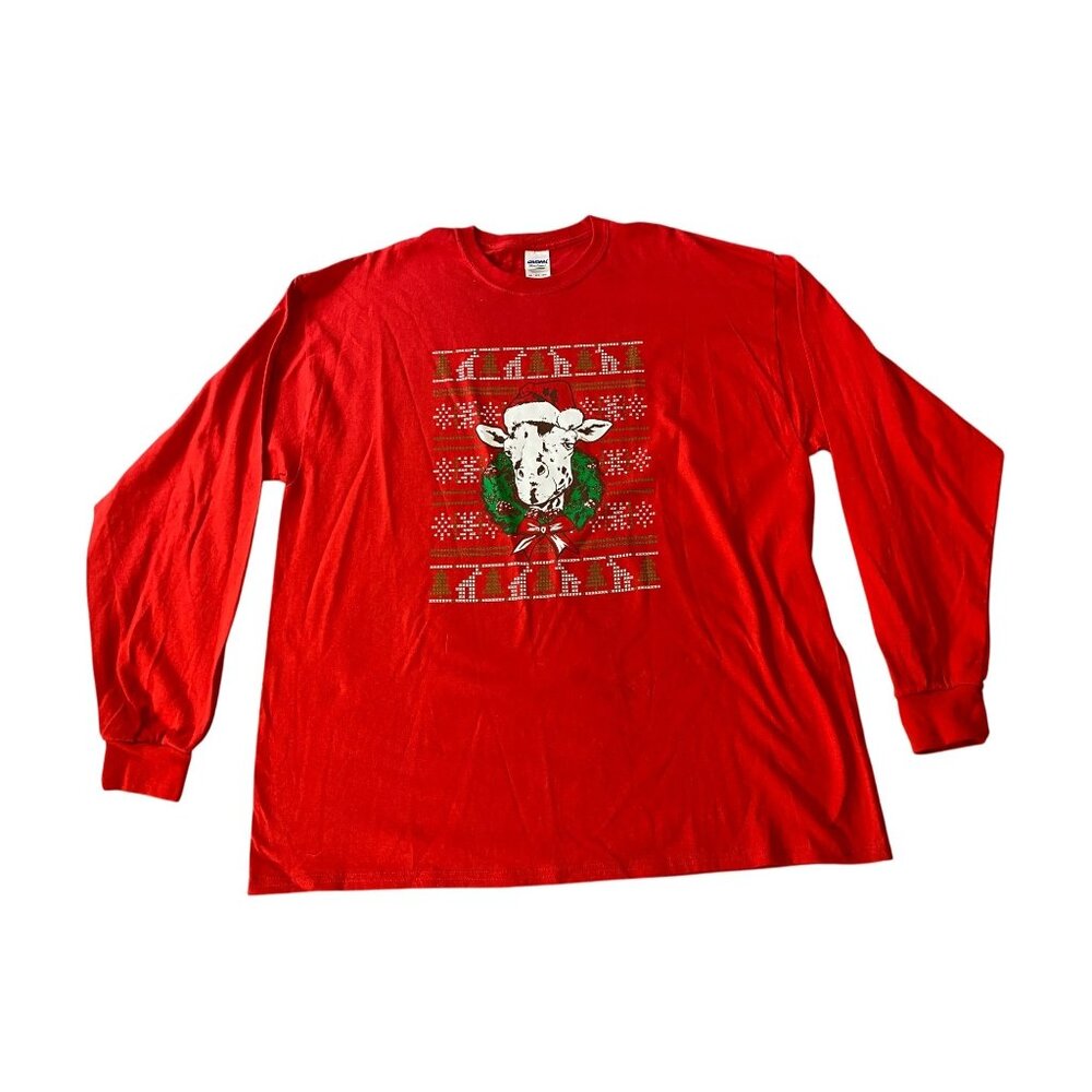 Gildan Ultra Cotton Red Christmas Cow Long Sleeve T-Shirt 2XL